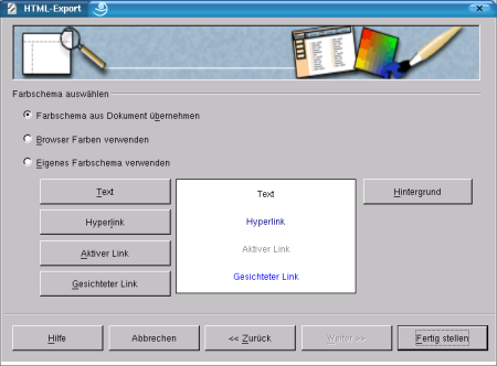 HTML-Export, Layouteinstellungen